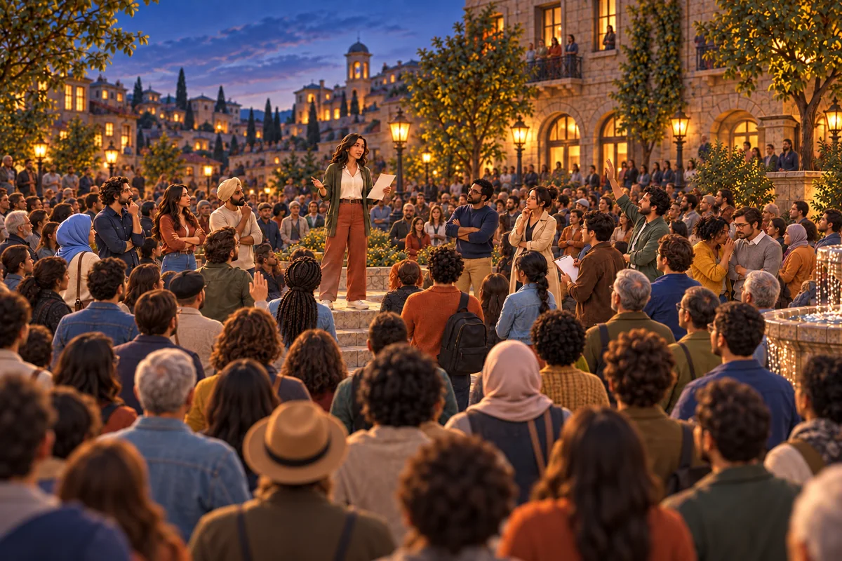 An evening square in a hillside city by the sea: a woman on a low step reads from a sheet of paper while a crowd of citizens listens, argues and raises hands.