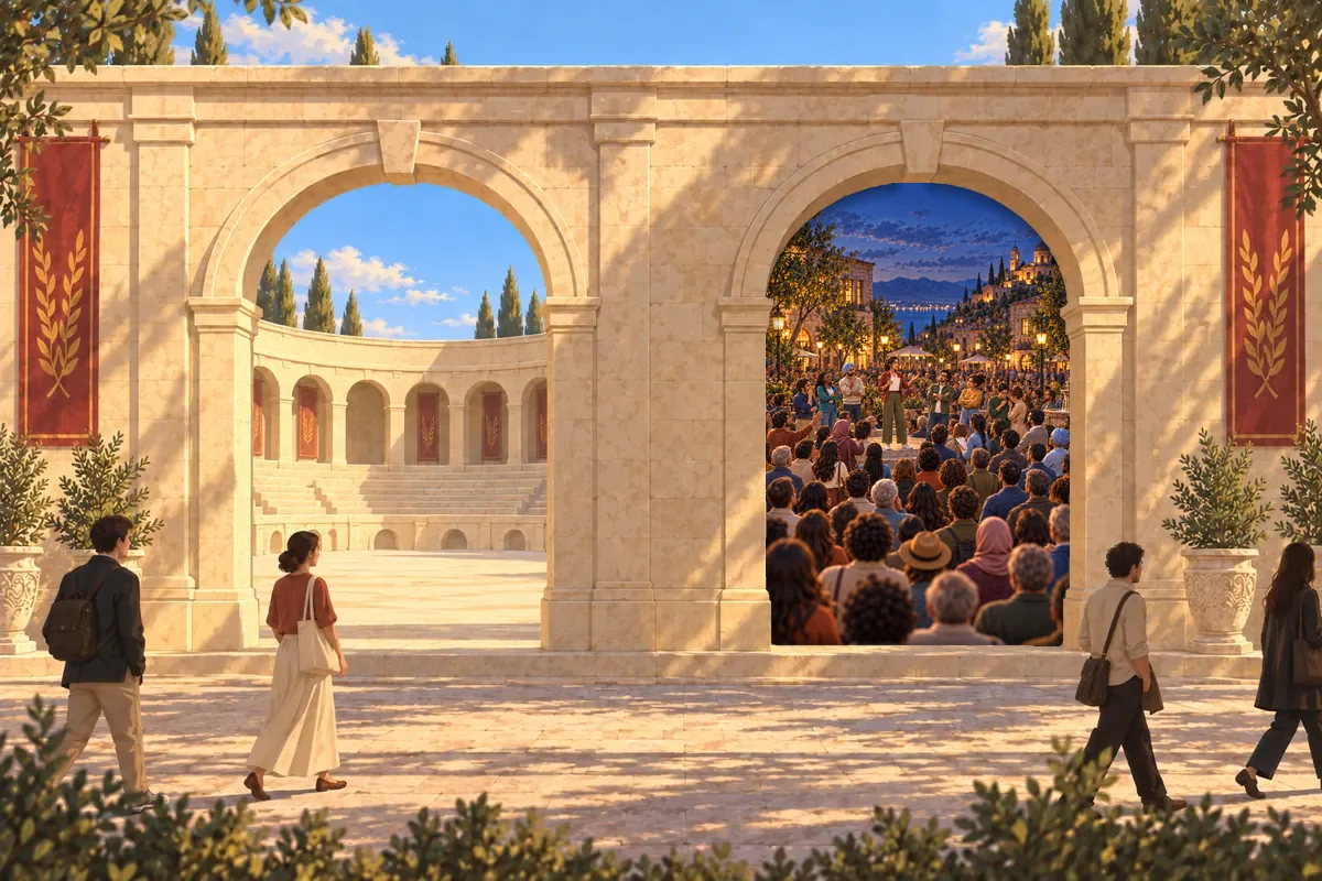 A long limestone wall with two gates: through the left, a sunlit amphitheater stands empty; through the right, an evening square is full of people listening to a woman who reads from a sheet of paper.