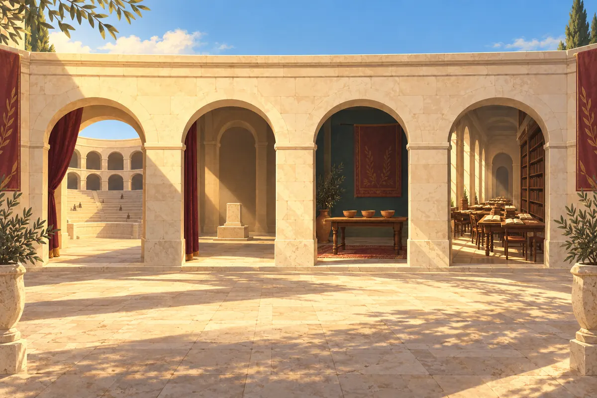 A sunlit stone courtyard with four arched doorways side by side: an amphitheater, a hall with a single tablet, a table with three bowls, and a long reading room.