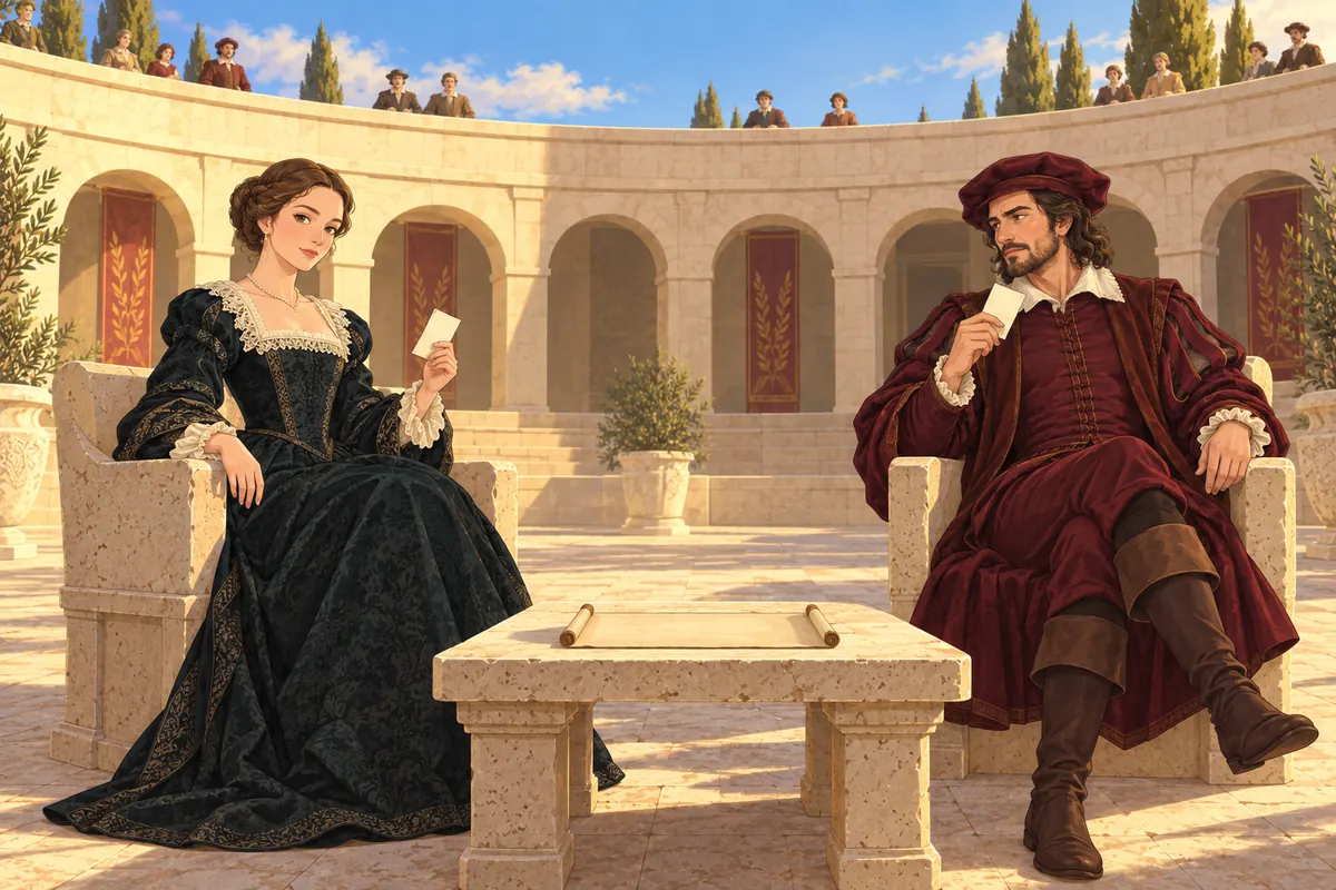 Two figures in late-sixteenth-century English dress sit facing each other across a low stone table in a sunlit amphitheater, each holding a folded paper, while spectators watch from beyond the parapet.