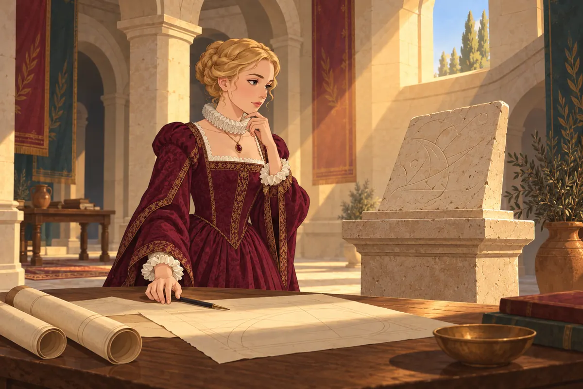In a stone hall a figure stands at a table of plans with the pen set down, looking toward a carved stone tablet, undecided.