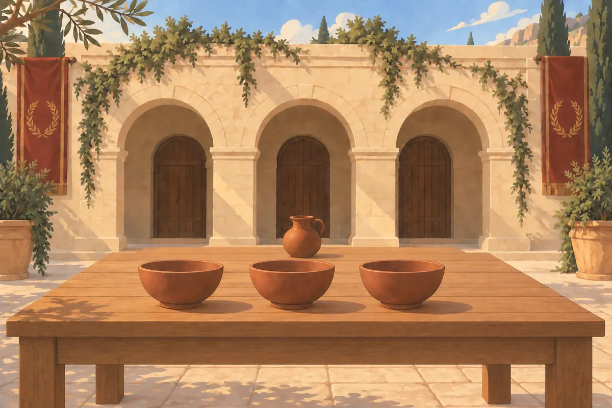 Three identical clay bowls stand in a row on a courtyard table, with one small jug behind them.