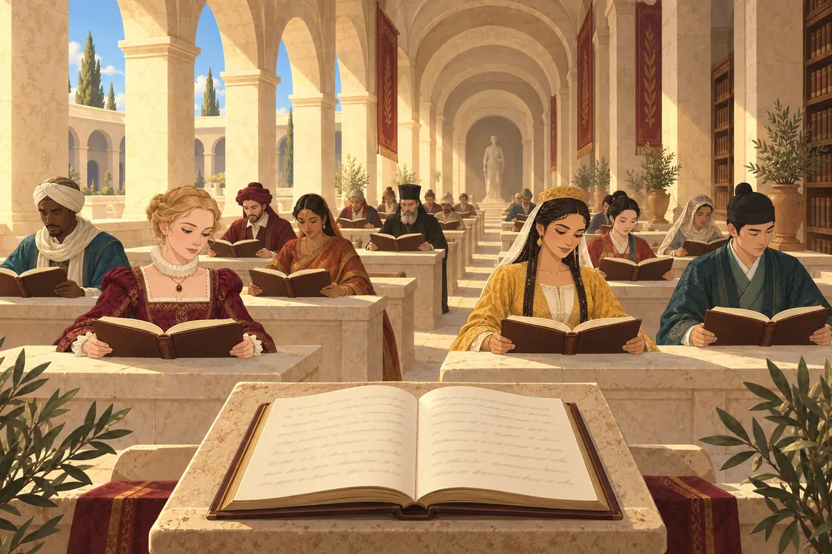 A long arched reading room where readers in the dress of many cultures read identical copies of the same book, with an open ledger in the foreground.