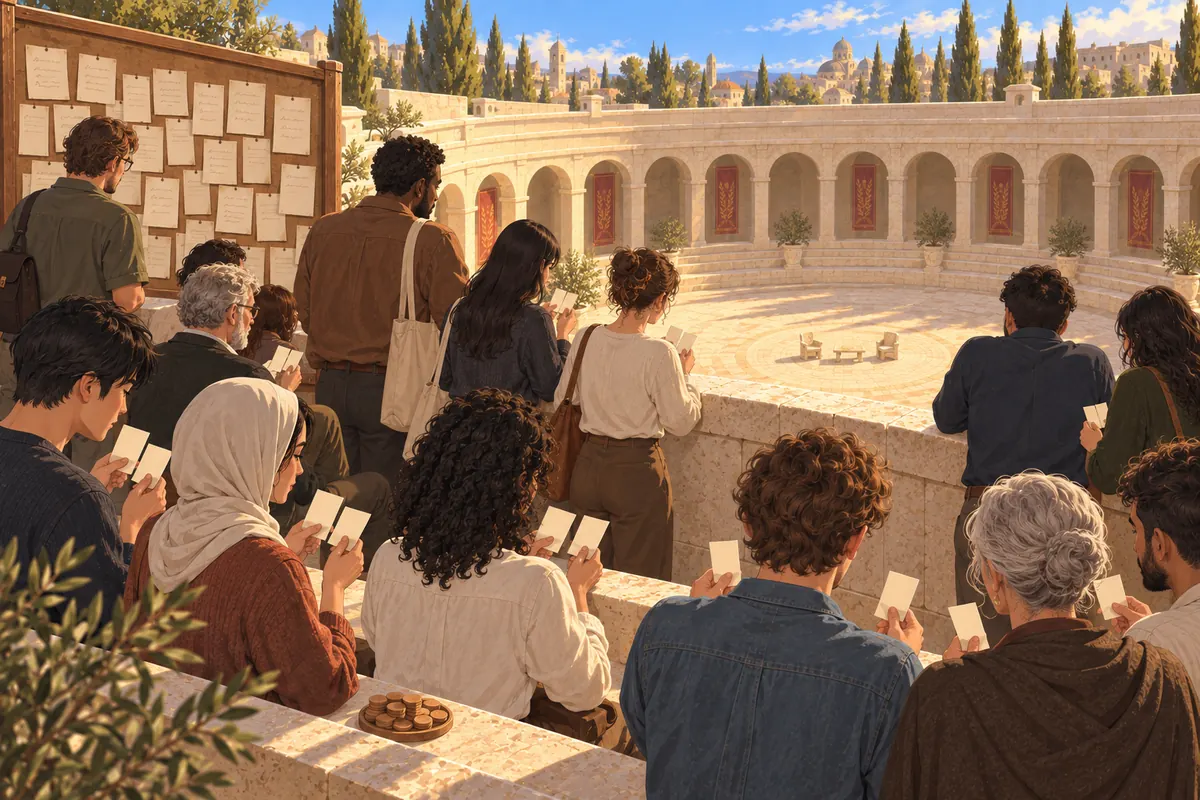 A mixed crowd stands at the parapet outside the amphitheater holding pairs of blank slips, beside a board of pinned notes; far below, two empty seats face each other across a low table.